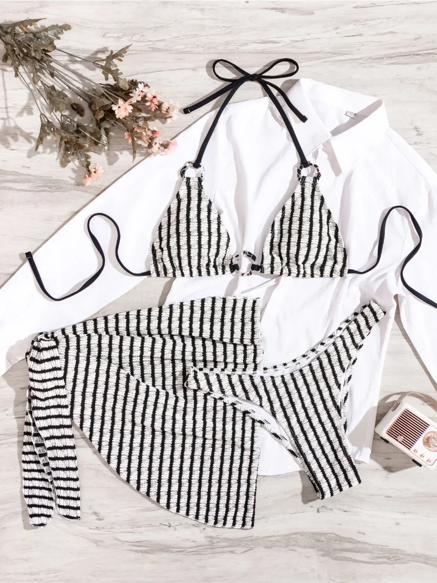 Bikini Set Black White Stripe Print 3 Piece Swimsuit for Women Sexy Triangle Halter Backless Beach Skirt Bathing Suit 2025 New