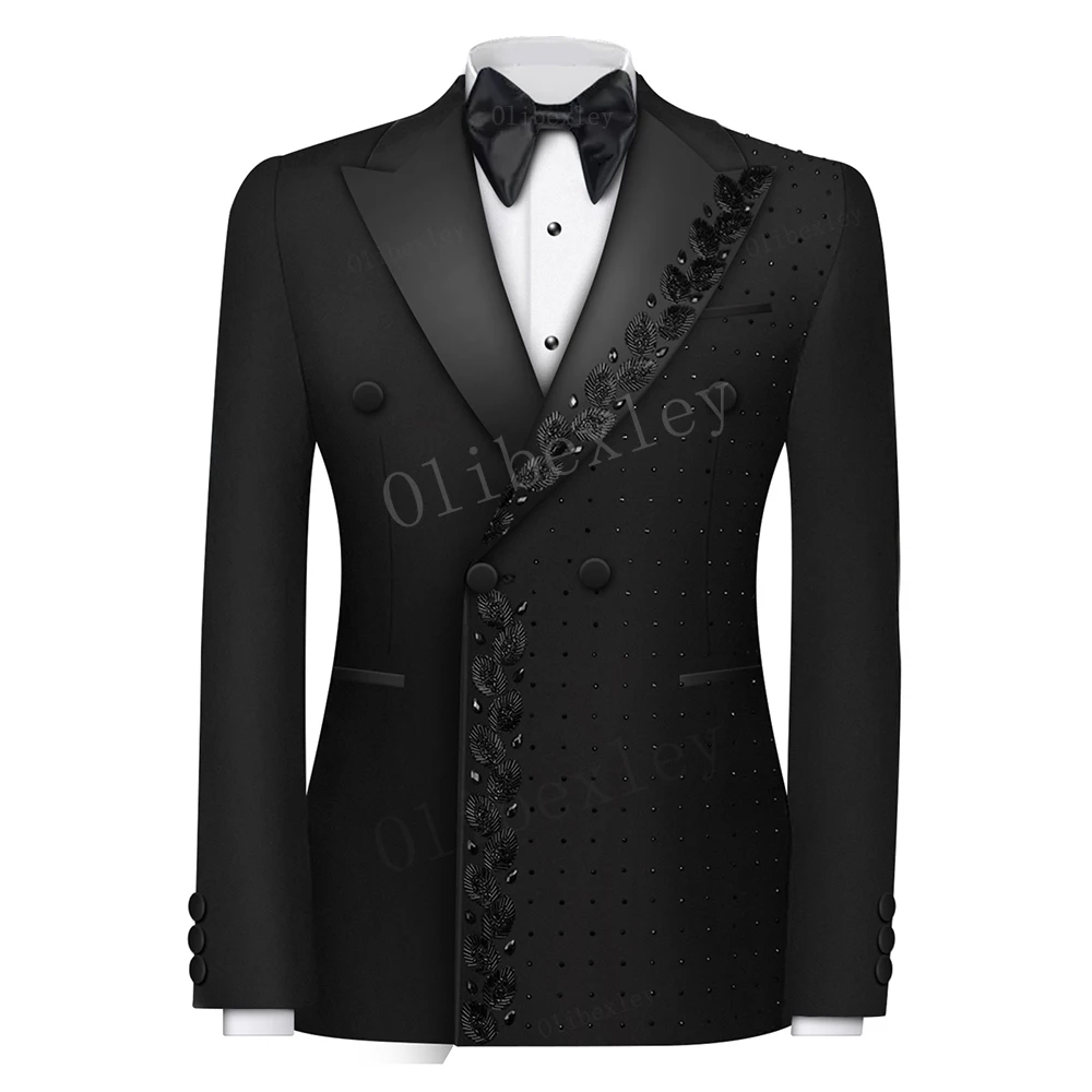 B33 Luxury 2 Pieces Black Blazer Pants Groom Tuxedo with Double Breasted Blazer Pants Formal Party Men\'s Suit