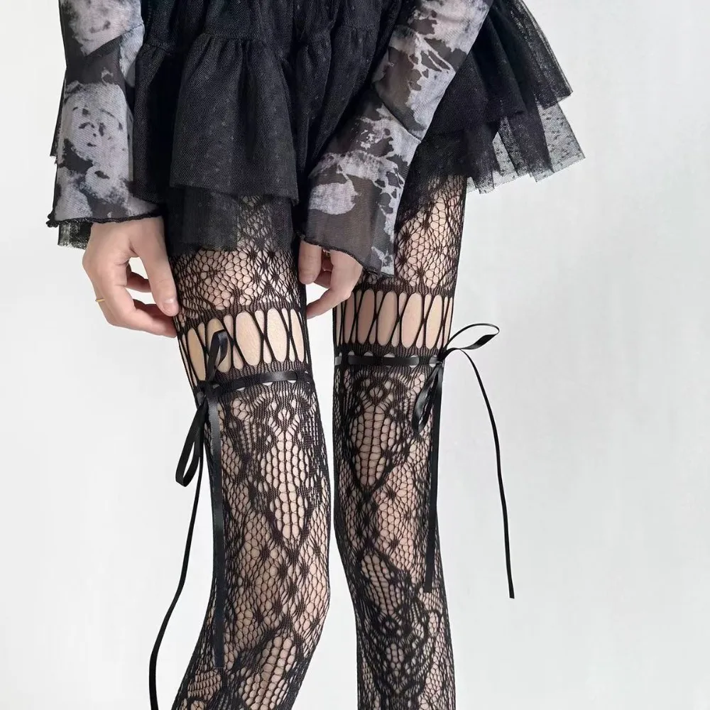 Neues Design Schwarze Strumpfhose für Damen, Sexy Durchsichtige Netzstrümpfe, JK-Uniform mit Schleifenband, Spitzen-Strumpfhose