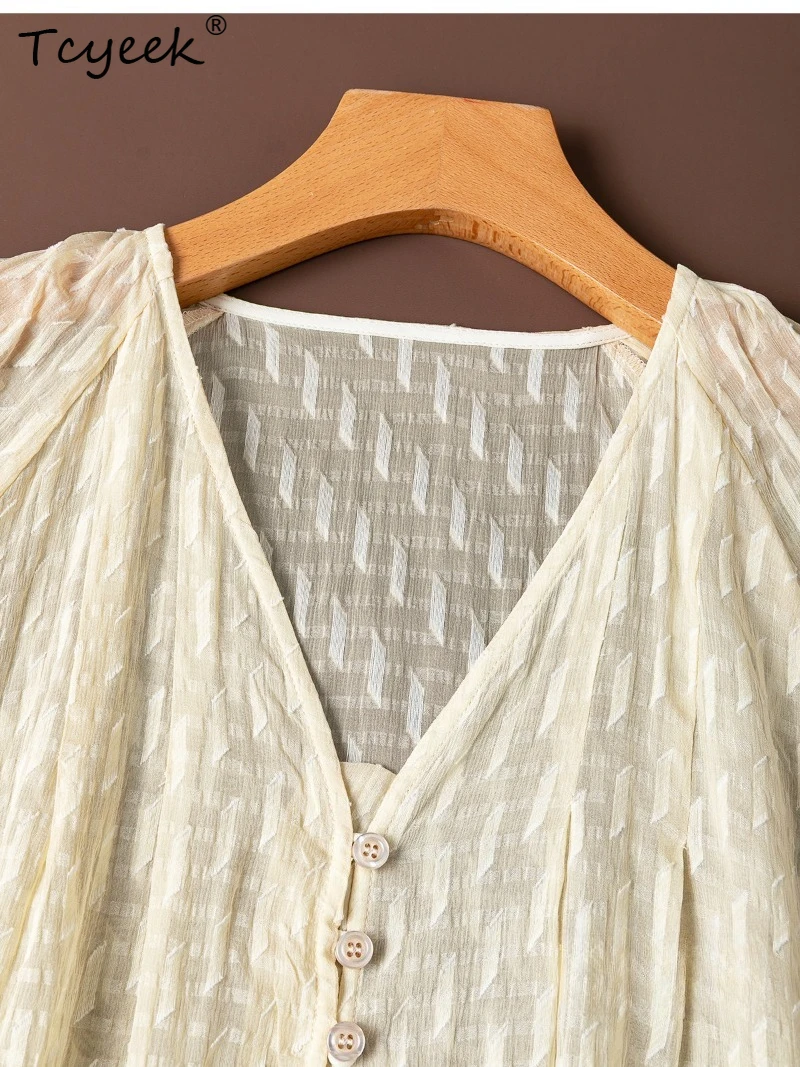 Tcyeek 100% Real Silk Blouses for Women 2026 Spring Exquisite Semi-transparent Sun Protection Shirt Female Clothes Chemise Femme