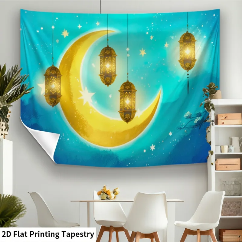 VIKAMA Ramadan Turquoise Sky Moon Star Banner Retro Golden Lantern Decor Wall Hanging for Muslim Festival Backdrop Decor