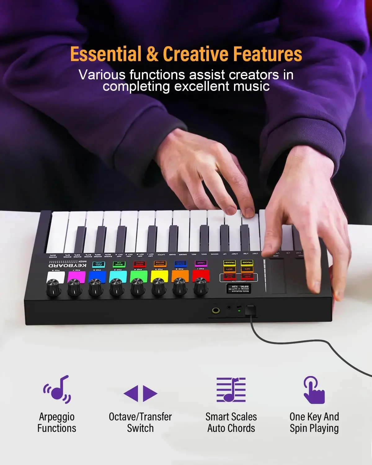 Mini Portable MIDI Control Keyboard, USB, Sequencer Keyboard, Backlit Drum Pads, 8 Knobs, OLED, 25-Key Controller