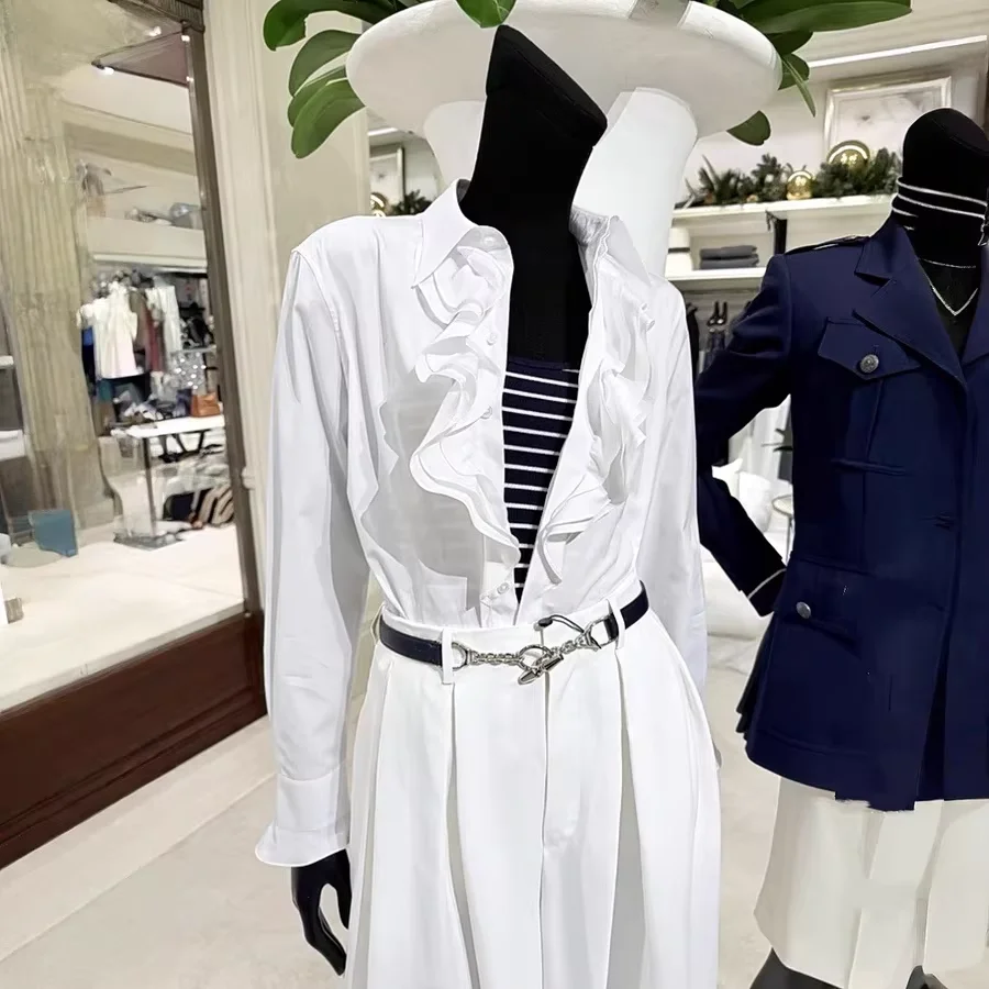 

Sexy Women's White Shirt Elegant Office Ladies Cotton Blouse Spring Fashion Ruffles Blouse