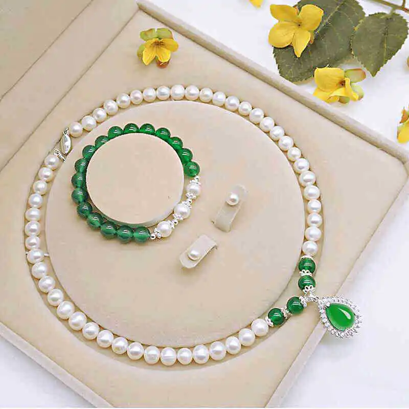 

3pcs natural freshwater pearl inlaid with chalcedony women's necklace jewelry set, give as a Mother's Day birthday gift