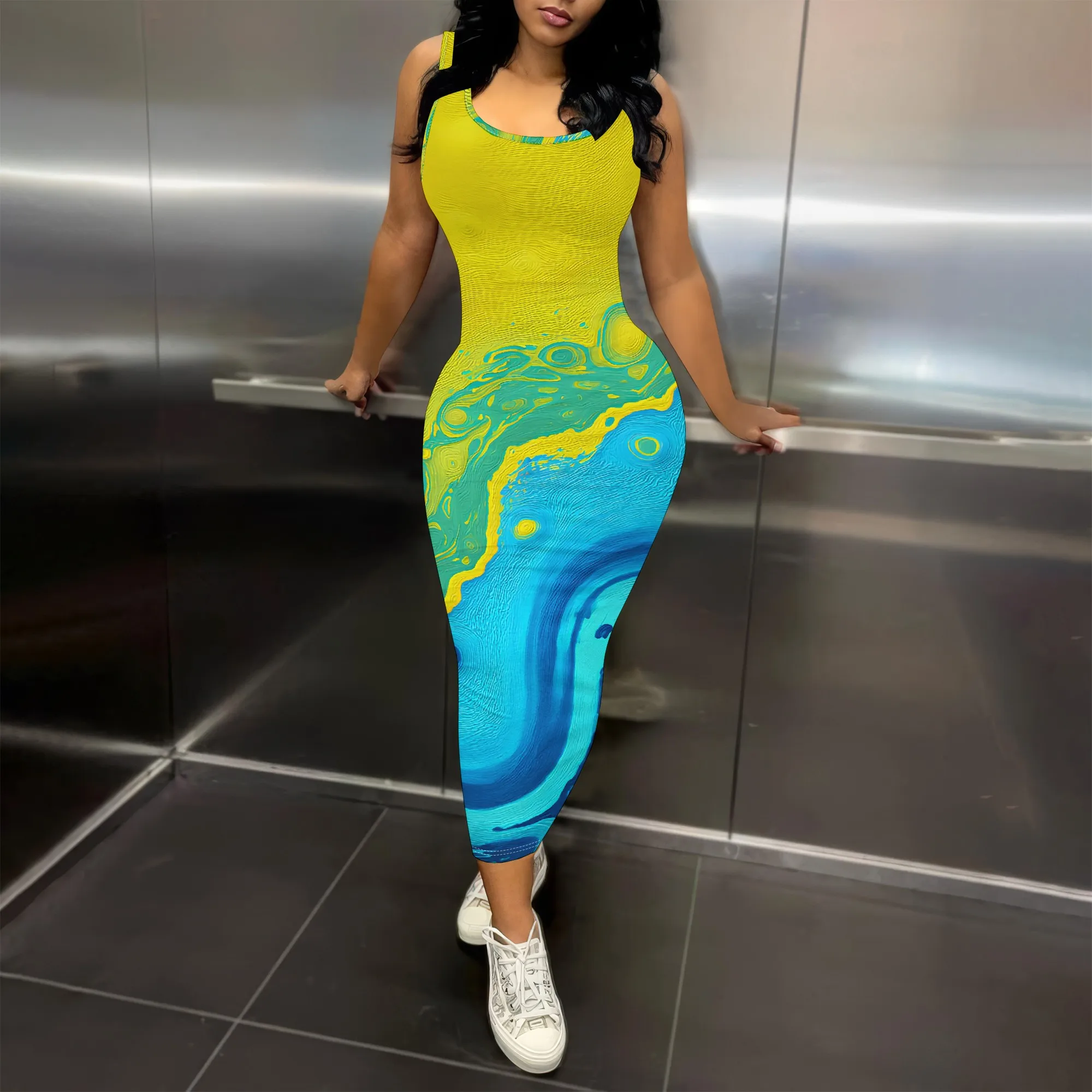 

Women's Abstract Swirl Print Tank Top Bodycon Maxi Dress - Yellow Teal Blue Resort Wear - XS-3XL