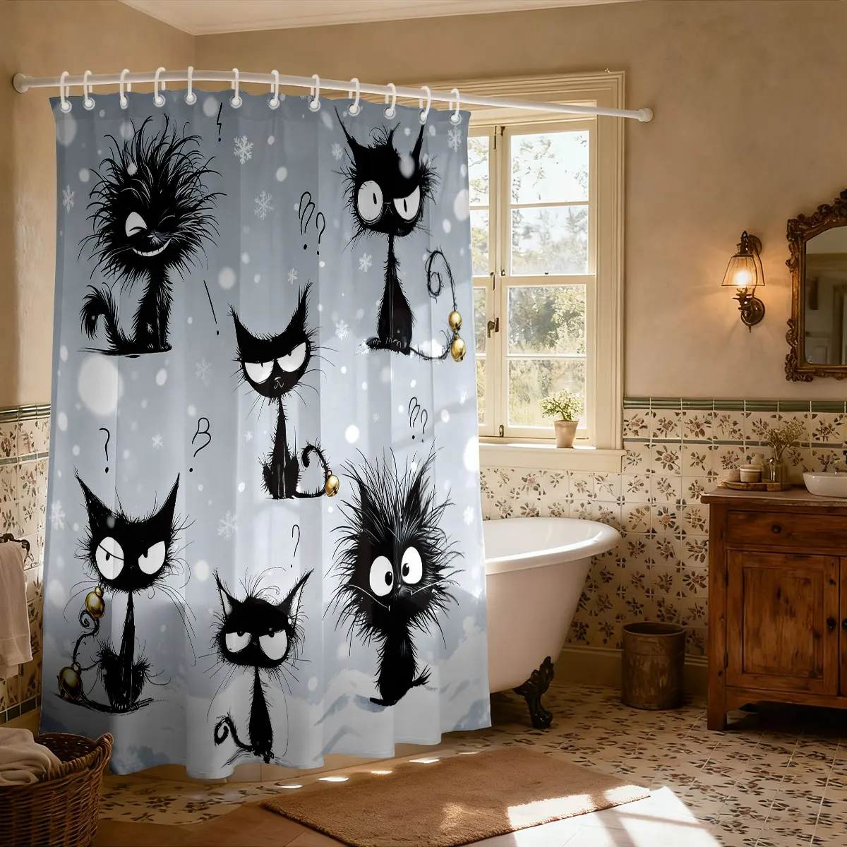 1pc bonito dos desenhos animados gato impressão cortina de chuveiro à prova dwaterproof água pendurado 12 ganchos multi tamanho decoração máquina lavável