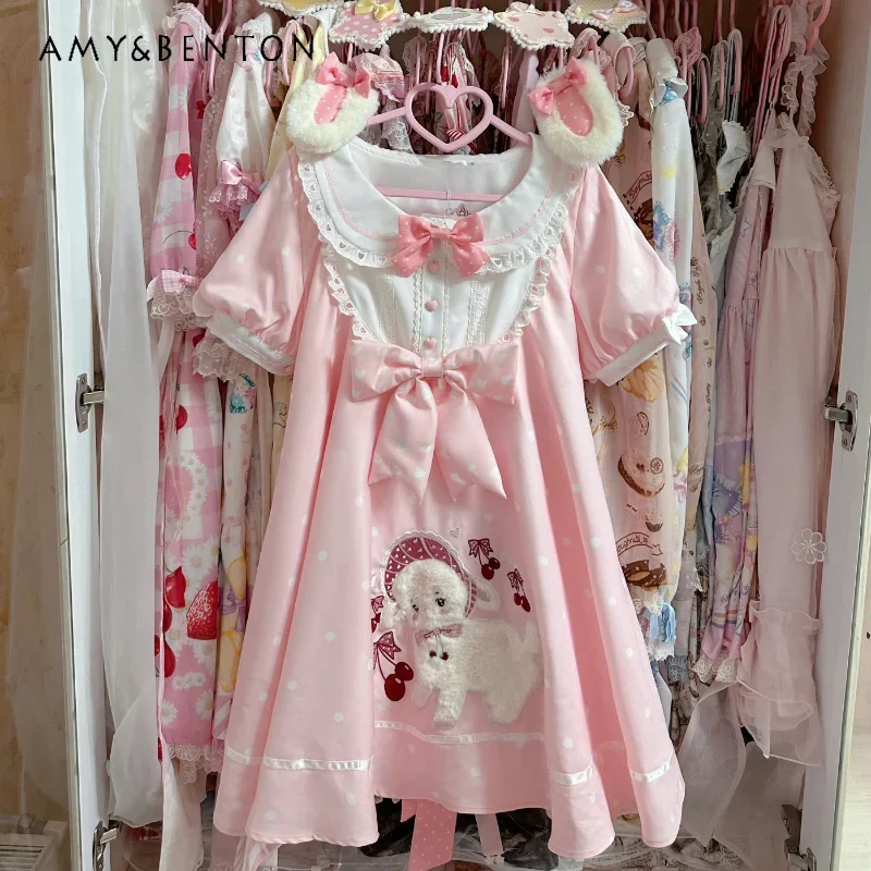 

2024 New Japanese Style JK Uniform Lolita Cartoon Cute Pink and White Bow Lamb Embroidered Waist Slimming A Line Dress For Girl