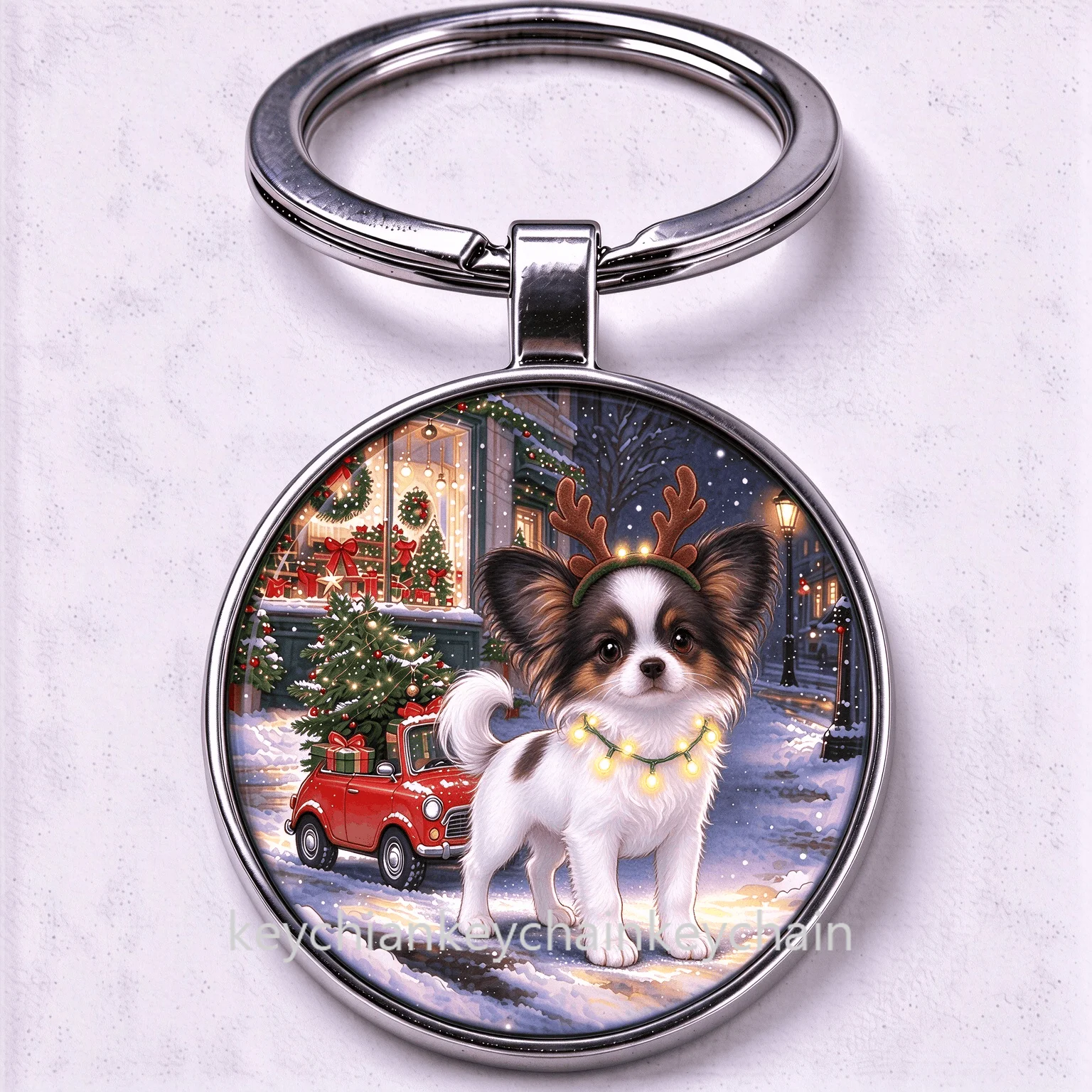 Christmas Papillon Dog Key Chain Round Keyring Cute Puppy Christmas Holiday Present for Pet Fans