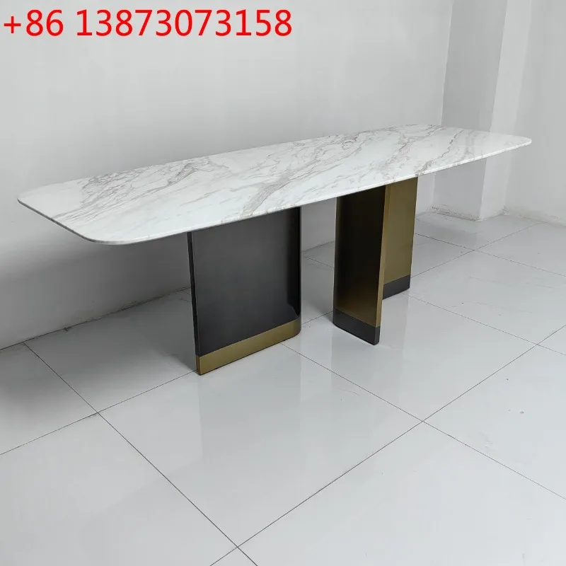 Restaurant Rectangle Jazz White Dining Table Stainless Steel Feet Anti-fingerprint Dining Table Color Separation Effect