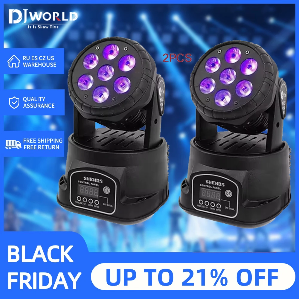 2PCS LED 7X18W Wash Light RGBWA+UV 6in1 Moving Head Light DMX Stage Light DJ Nightclub Party Concert Stage Professional