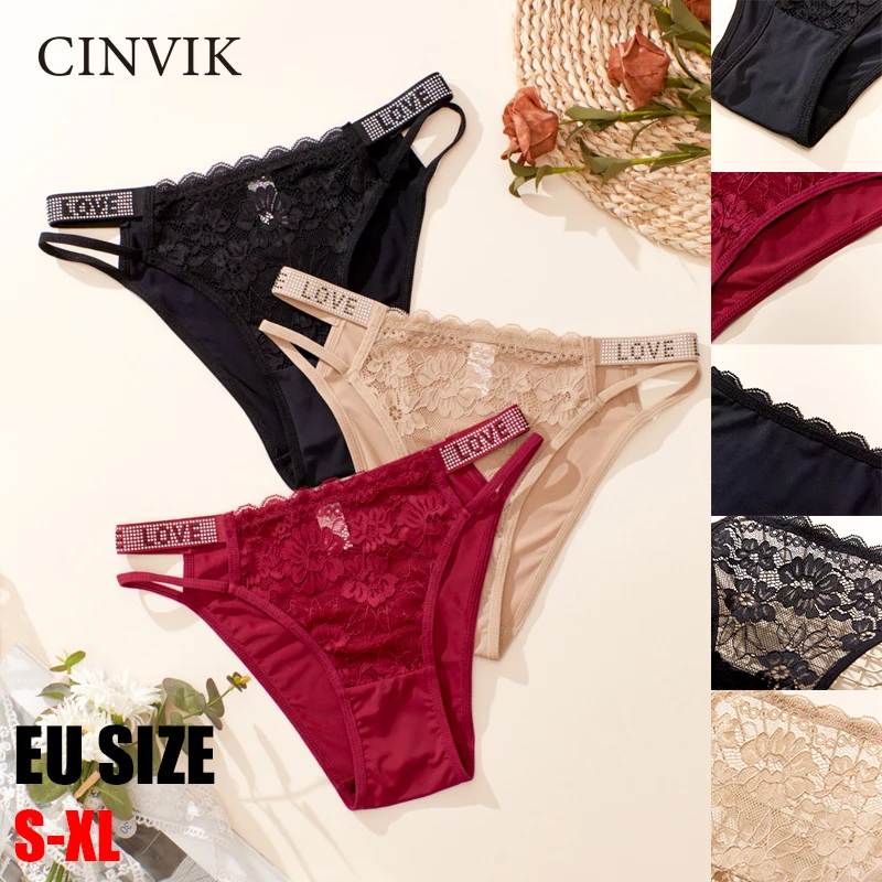 

CINVIK 2024 New 3PCS Women G String Panties Sexy Lace Underwears Womens Low Rise Lingerie Love Secret Rhinestone Underwear Thong