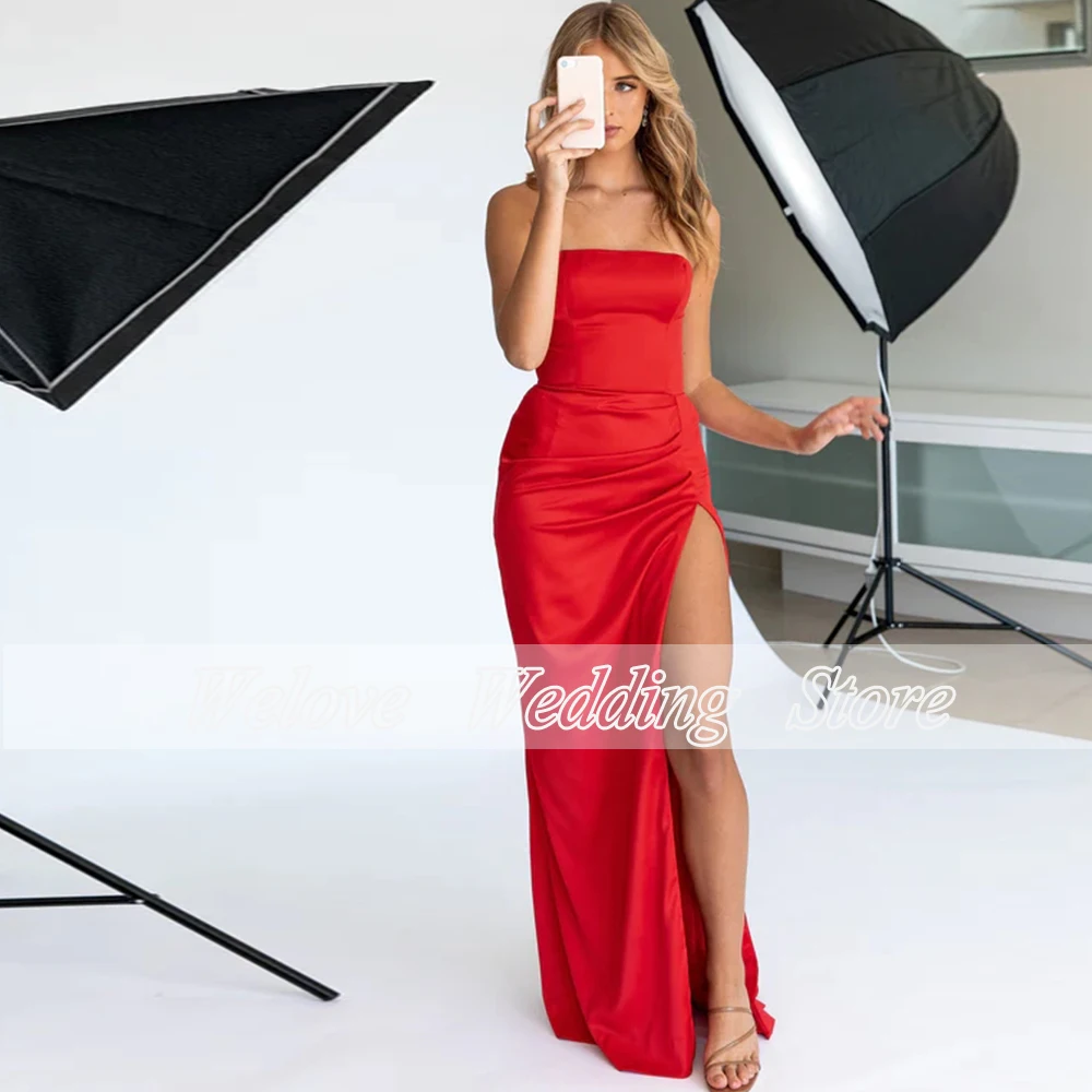 Strand Prom Kleid für Frau Liebsten Seite Slit Bodenlangen Einfache Satin Abendkleid Korsett Zurück Vestido De Noche 2022 benutzerdefinierte