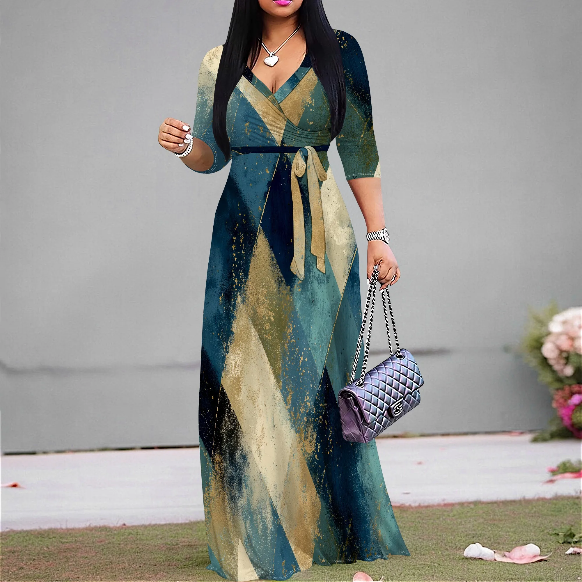 

Women's Abstract Argyle Print Maxi Dress V-Neck Belted Long Sleeve Elegant Fall Church or Brunch Style S-3XL