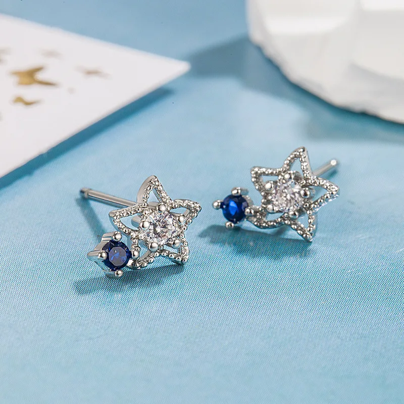 Sterling Silver Color Blue Zircon Star Ear-Sticks Women's Earrings Fashion Jewelry 2096