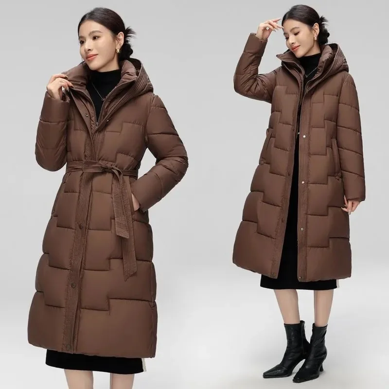 Fashion Down Coat Women Parkas 2025 New Long Windbreaker Waist Warm Cotton Padded Jacket Hooded Outcoat Ladies Hooded Top tide