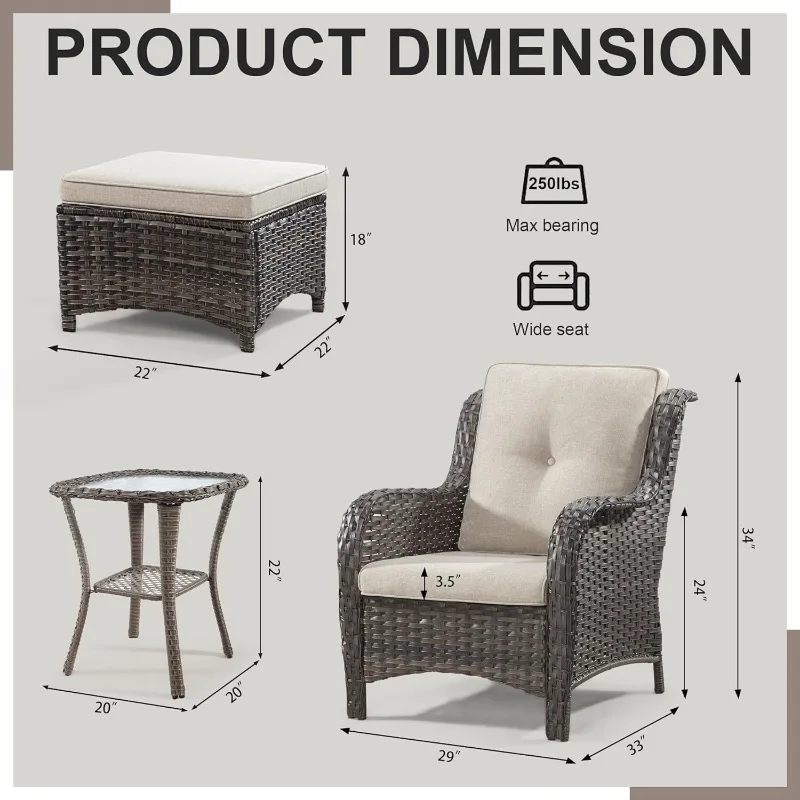 5 Pieces Patio Conversation Set, Two Wicker Chairs, A Side Table and Two Ottomans with 3.5-inch Seat Cushions for Backyard