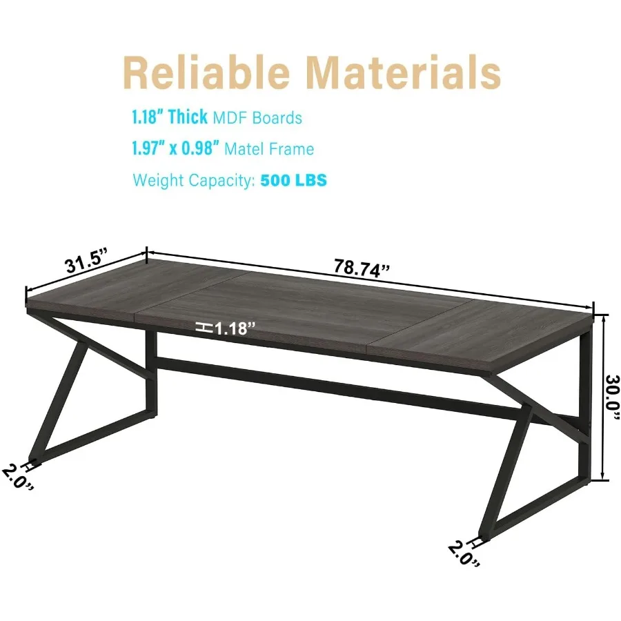 78 Extra Long Home Office Desk for Remote Work, Industrial Wood Computer Desk in Gray with Sturdy Metal Frame and Spacious Surf