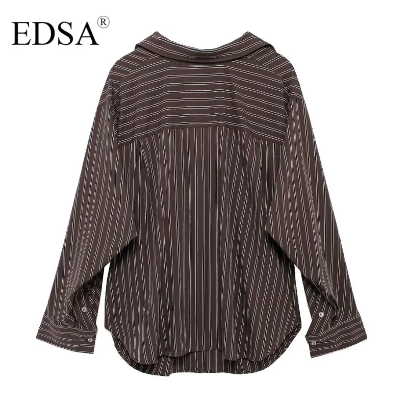 EDSA Women Batwing Striped Shirt Single Breasted Button-up Blouse for Office Lady All-match Top