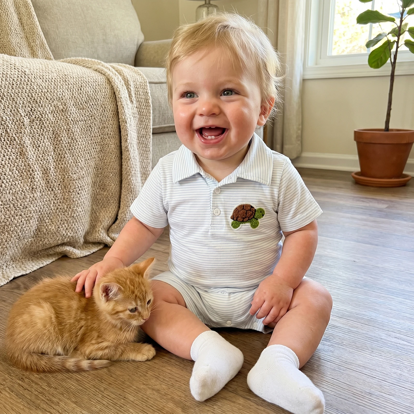 Baby Boy Summer Striped Romper Fashionable Turtle/Duck Embroidery Lapel Short Sleeve Jumpsuits