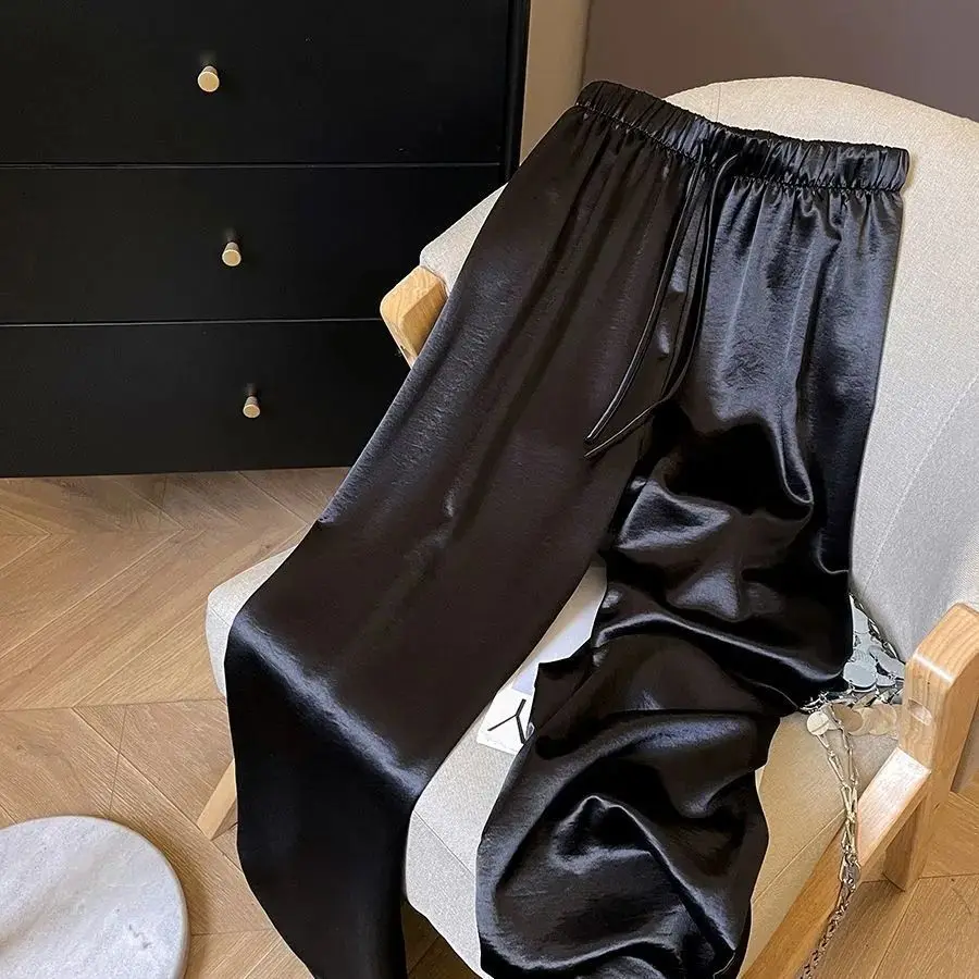 

Premium Acetic Acid Satin Wide-leg Pants Women's Summer New Elastic High-waisted Texture Drape Casual Straight-leg Trousers