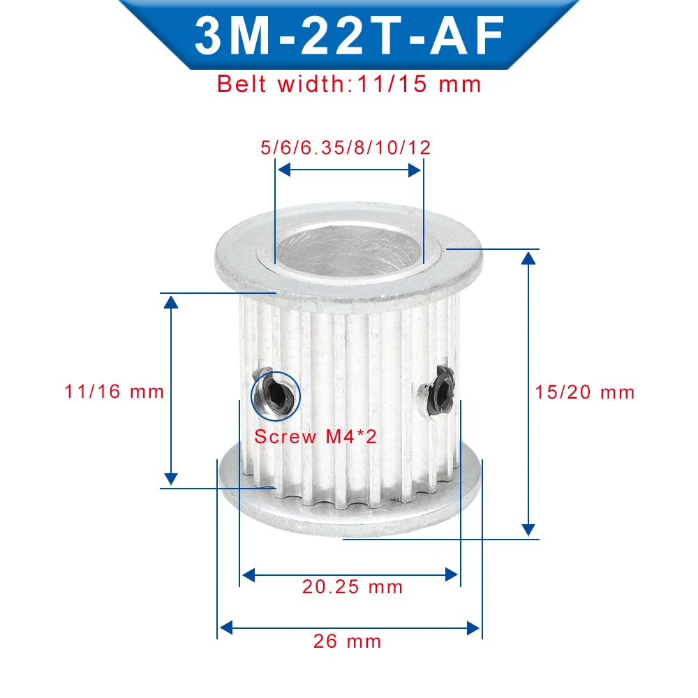 Timing Pulley 3M22T Inneren Bohrung 5/6/6.35/8/10/12mm Aluminium Gürtel Pulley Slot Breite 16 mm Fit Für 3M-synchronous gürtel Breite 15 mm