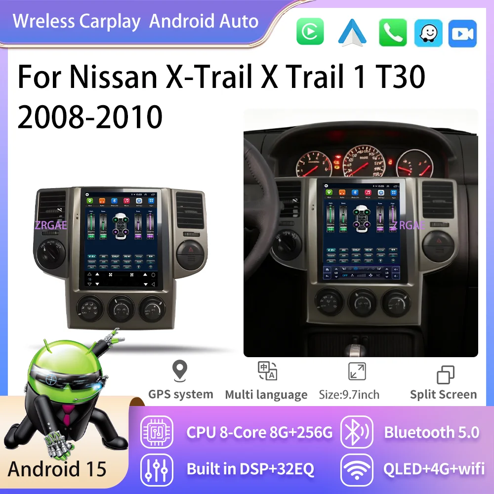 Car Stereo Radio Android 15 For Nissan X-Trail X Trail 1 T30 2008-2010 Tesla Style Screen Multimedia Player Navi Carplay Auto BT