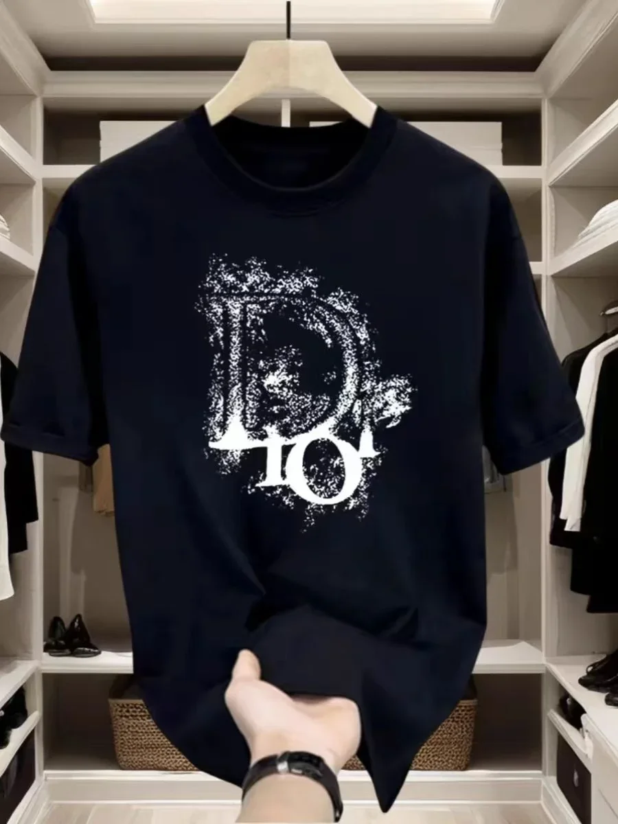 الراقية موضة الرجال تي شيرتات قصيرة الاكمام 2025 جديد الصيف فضفاض الجولة الرقبة القطن الخالص الثقيلة الأمريكية تي شيرت #2