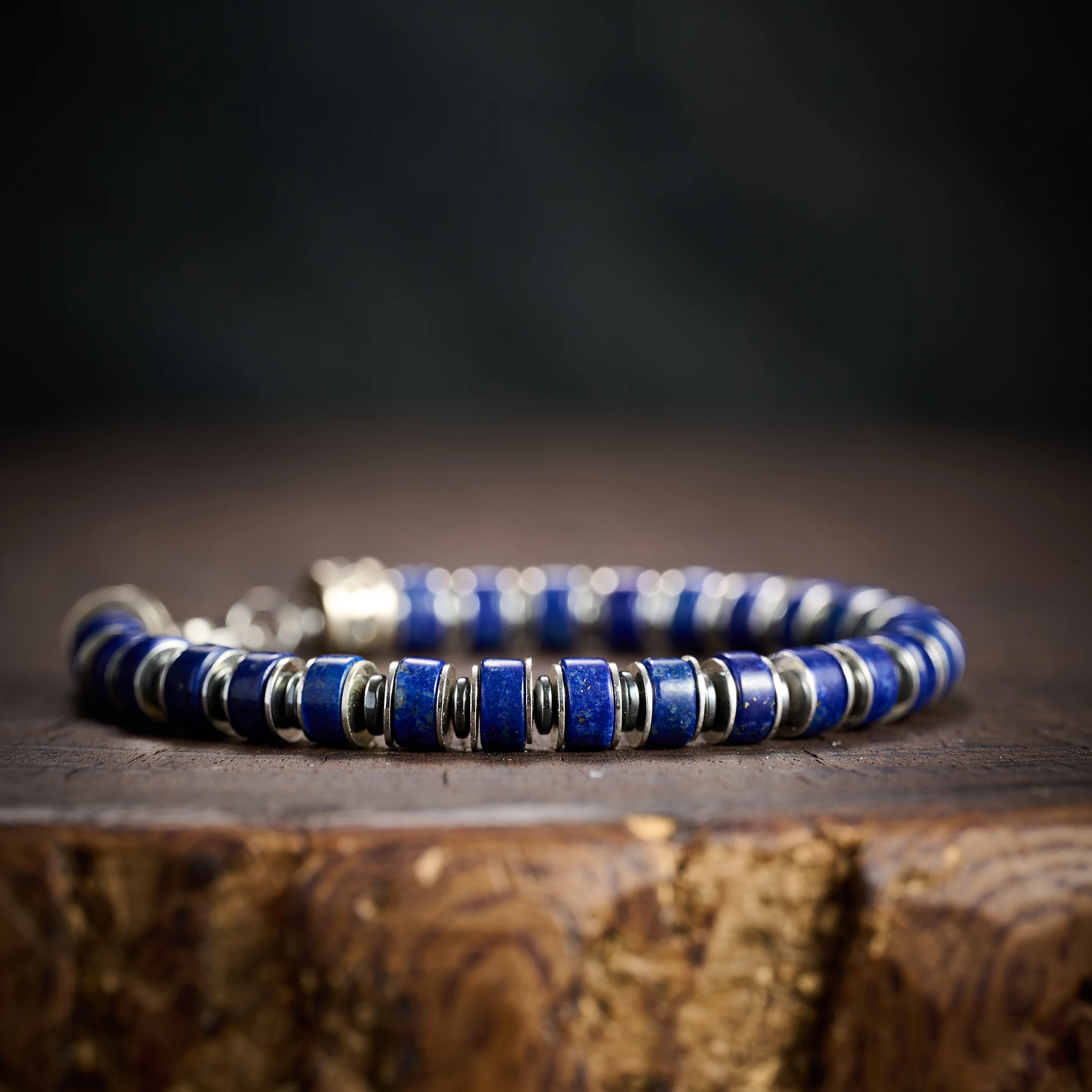 Men's Lapis Lazuli Bracelet, 925 Sterling Silver & Hematite Beaded Bracelet, Blue Natural Stone Jewelry, Vintage Gift for Him