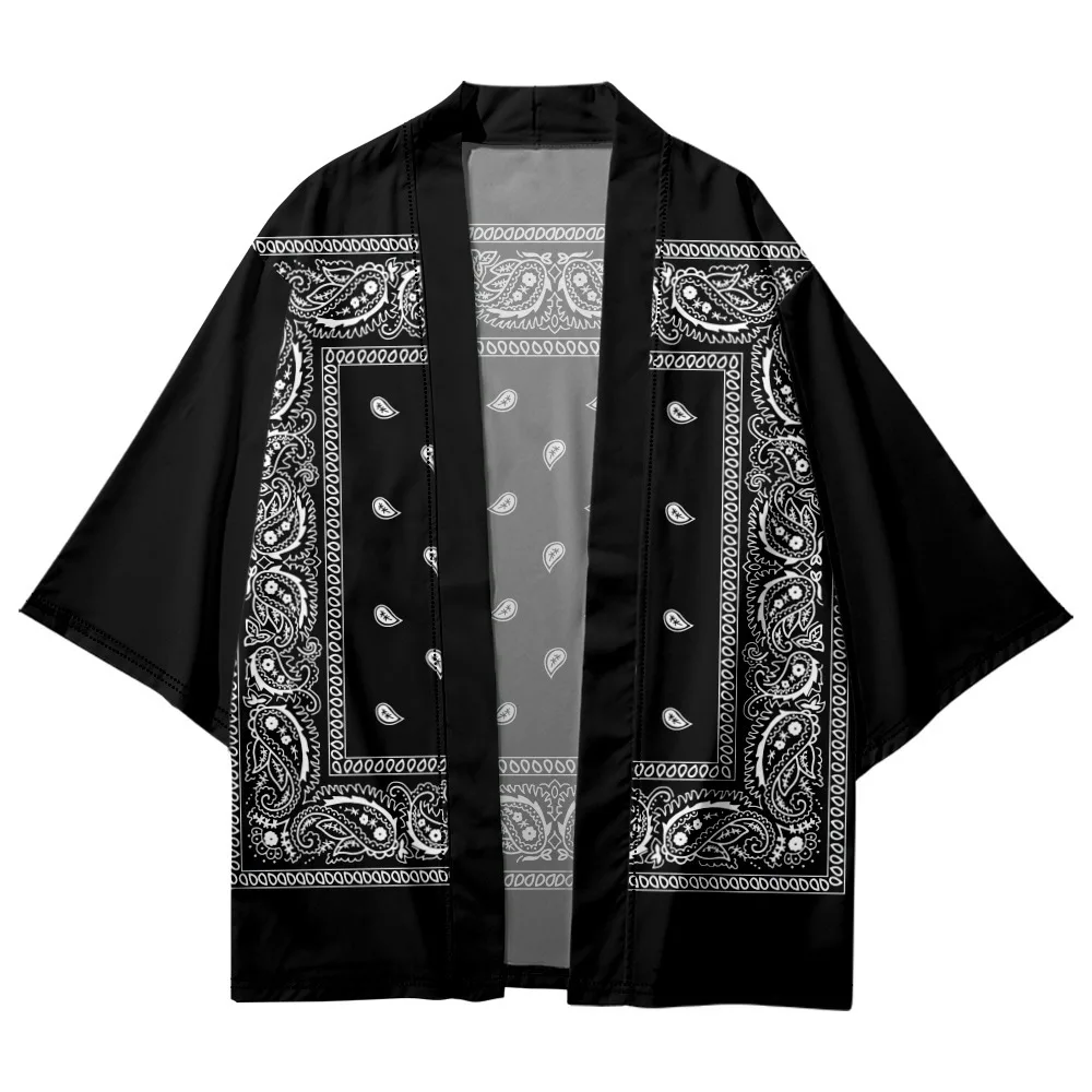 Fashion Streetwear Cashew Print Haori Men Women Cardigan Beach Yukata Asian Clothes Japanese Cosplay Black Kimono Plus Size