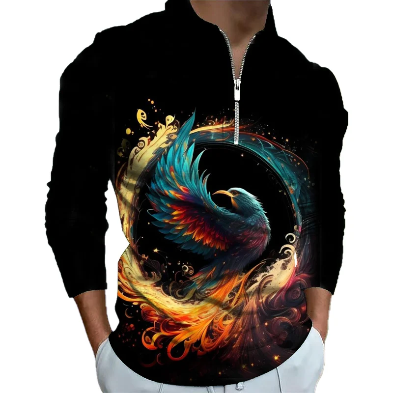 3D printed animal series peacock and phoenix pattern printed long-sleeved zipper polo shirt casual sports unisex