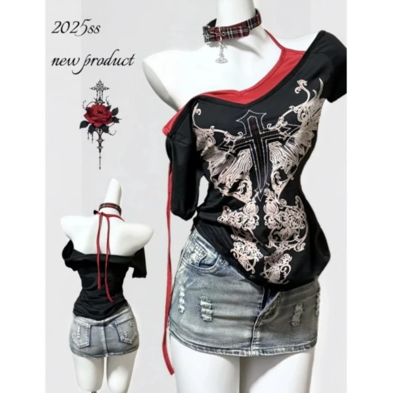 Y2k Subculture Print Long Sleeve T-Shirt Women Casual Punk Style Streetwear Two-In-One Top Bodycon Skew Neck 2025 New Arrival
