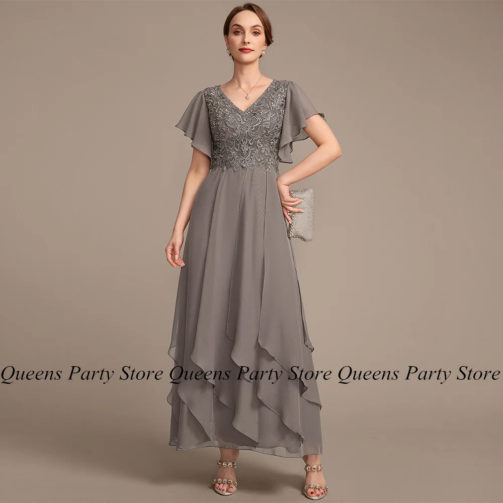 

A Line Mom Wedding Guest Dresses Batwing Sleeves V Neck Applique Ruffles Chiffon A Line Ankle Length Mother of The Bride Dress