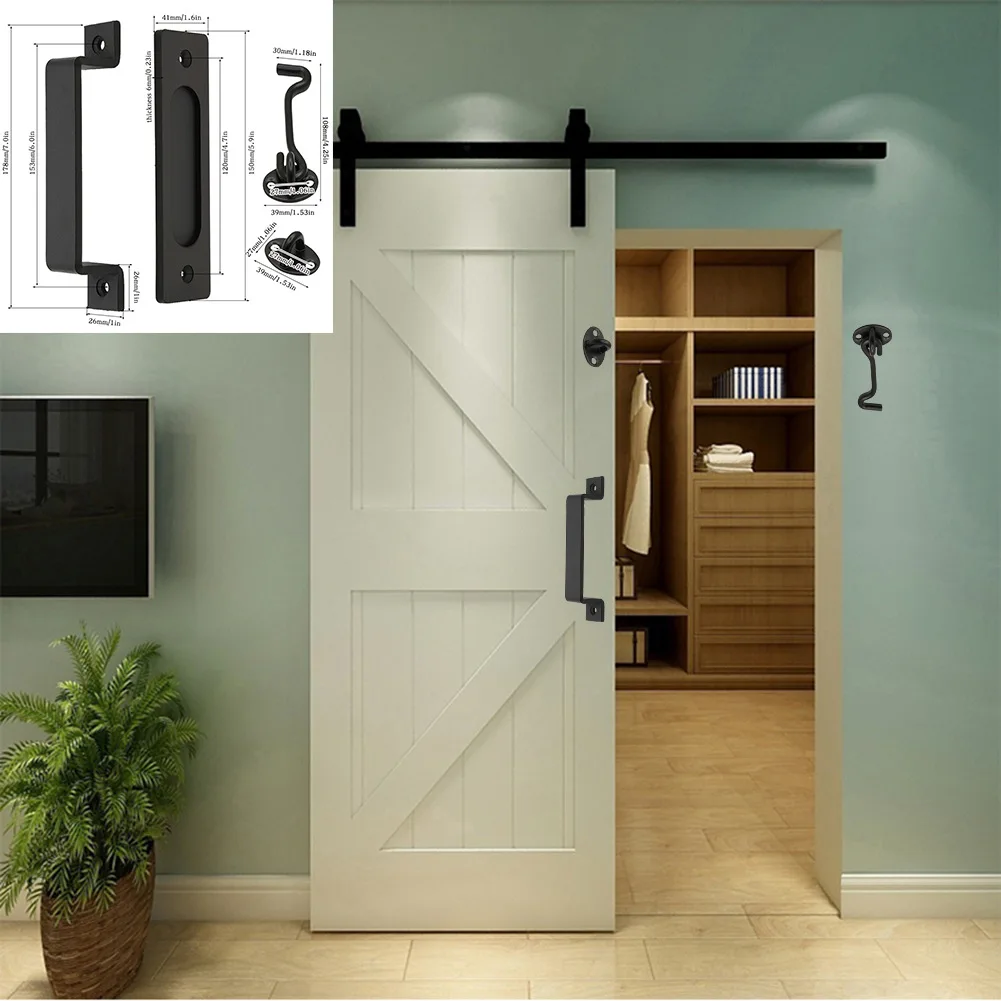 Black Barn Door Handle Furniture Cabinet Handles Hook Door Latch Set Sliding Door Concealed Push Pull Knob Hardware Accessories