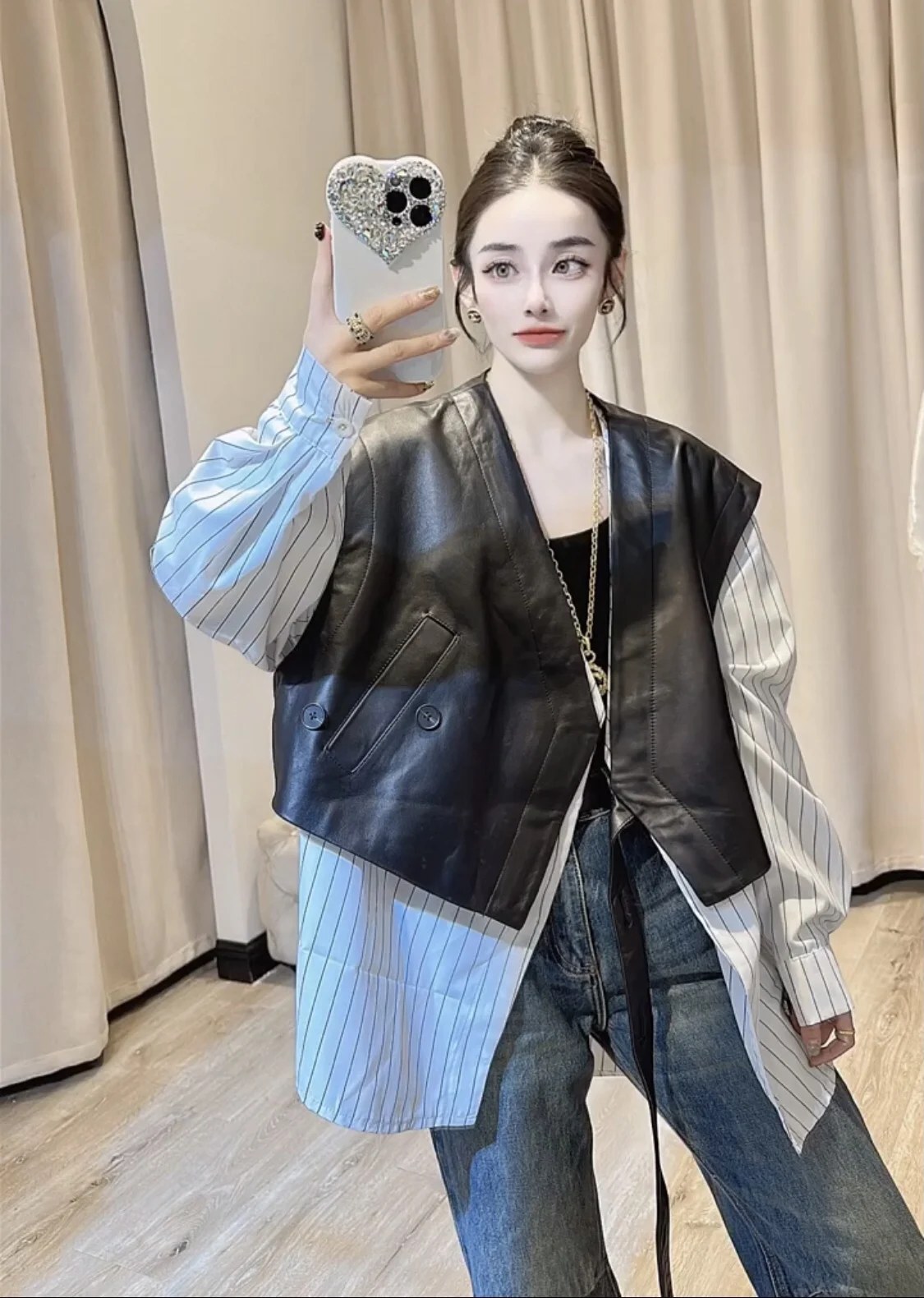 

Women's eepskin Leather Vest irt Two-Piece Set Irregular Design Autumn Faion Outerwear V-Ne Double Button Closure