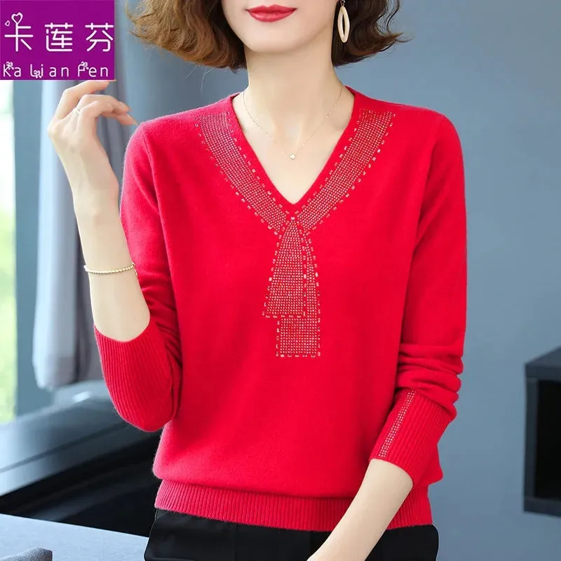 Mother Spring And Autumn Ladies Sweater Women Loose Fashion Diamond Knitted Sweater Winter Keep Warm Women Bottoming Shirt Top