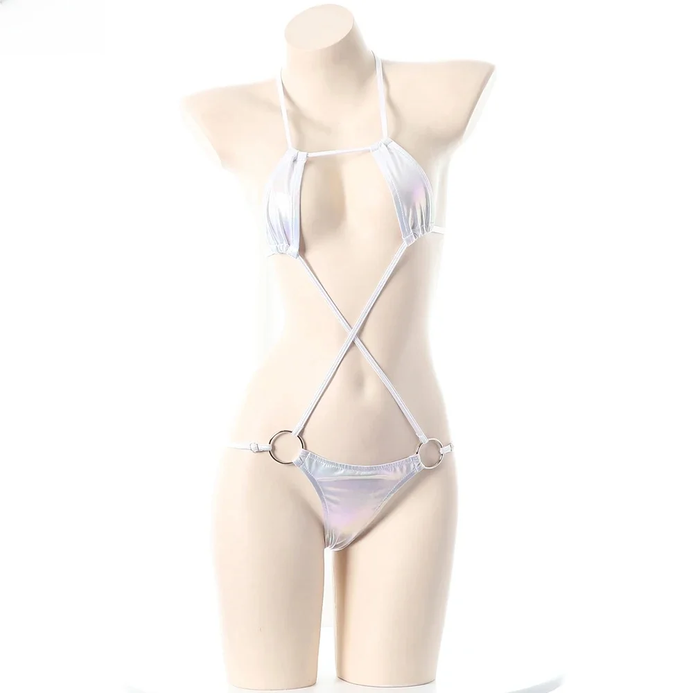 XXOO-Lencería erótica de Anime para chica, traje de baño de Bikini con láser bonito para playa y verano, conjunto de ropa interior de tres puntos, disfraz de Cosplay