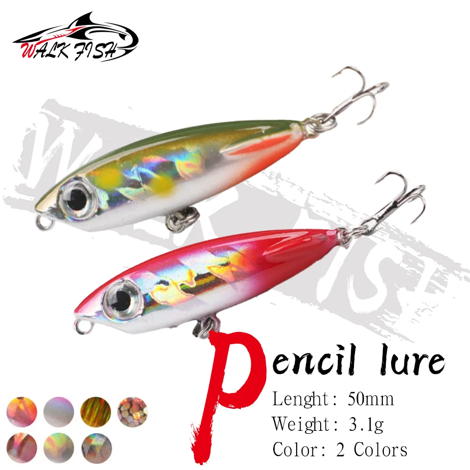 WALK FISH 1 Stück 50mm 3,1g Dog Pencil Schwimmender Angelköder mit 3D-Augen und Dreifachhaken, Wobbler Angelzubehör, Harter Köder für Süßwasser-Barsch