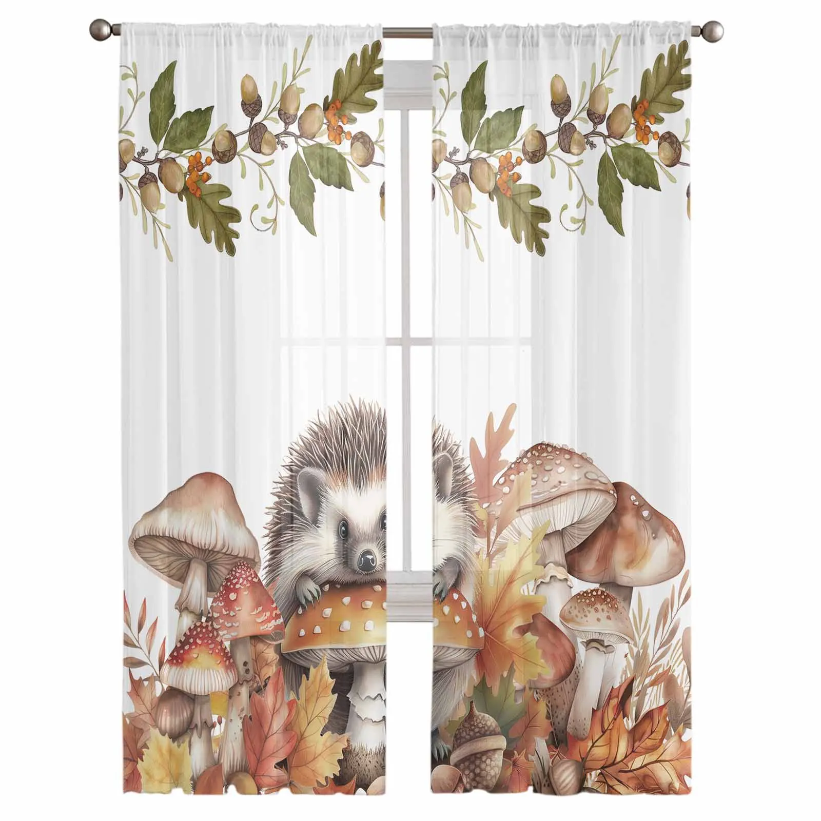 Autumn Leaves Pumpkin Mushroom Hedgehog Tulle Curtains for Living Room Bedroom Sheer Voile Curtain Home Decor Kitchen Curtain