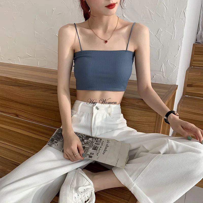 Sexy Women Crop Top Thread Ice Silk Chest Wrapping Female Student Korean Style Sports Vest with Pads Solid Color Camisole Bras