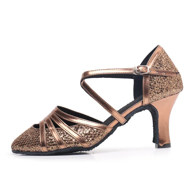 Zapatos de baile de salón para mujeres y niñas, zapatos de baile latino de Tango con tacón de 7,5 cm/5,5 cm, venta al por mayor, Color plateado, dorado, negro y marrón, nuevo estilo