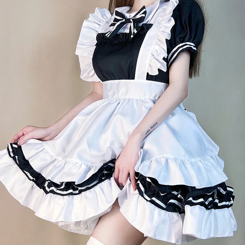 Japanese Anime Lolita Maid Dress Women Black White Apron Maid Uniform 5XL Sweet Bow Knot Halloween Party Role Play Cute Costume