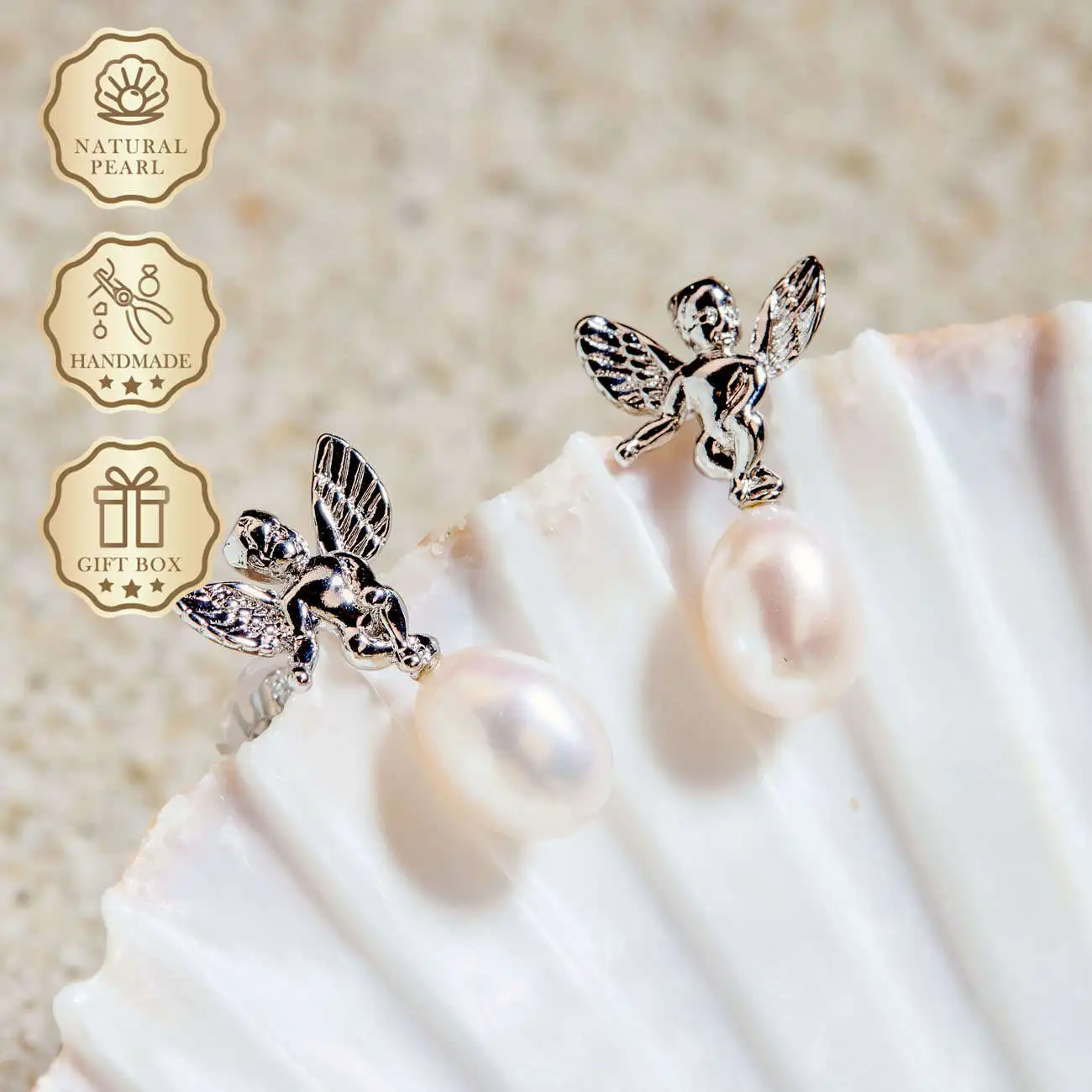 

MYSOYA White Rice Freshwater Pearl Earrings 6–7mm with Silver Angel Charm, Gift Box, Birthday & Anniversary Gift