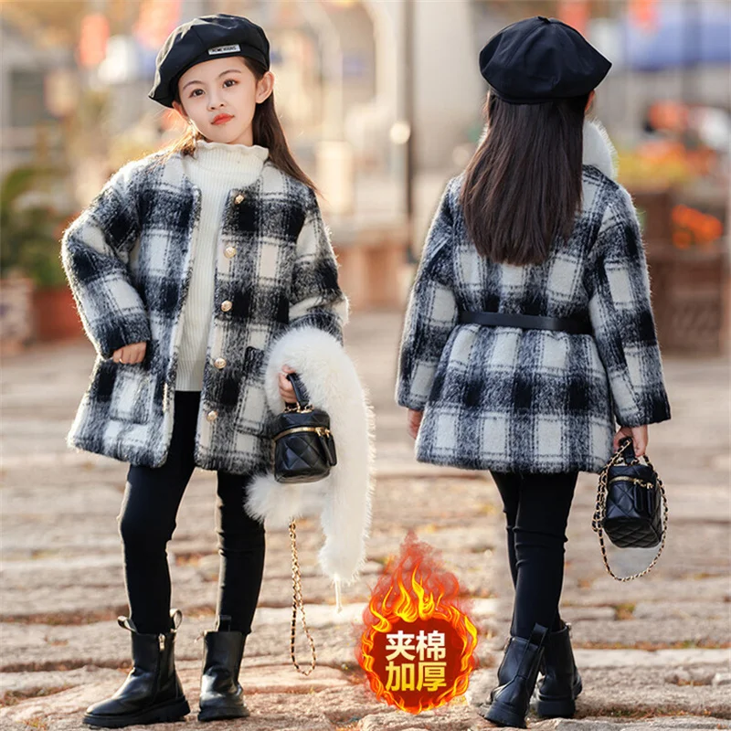 Girls Woolen Coat Overcoat Jacket Windbreak 2024 Belt Warm Plus Thicken Autumn Winter Cotton School Children's Clothing