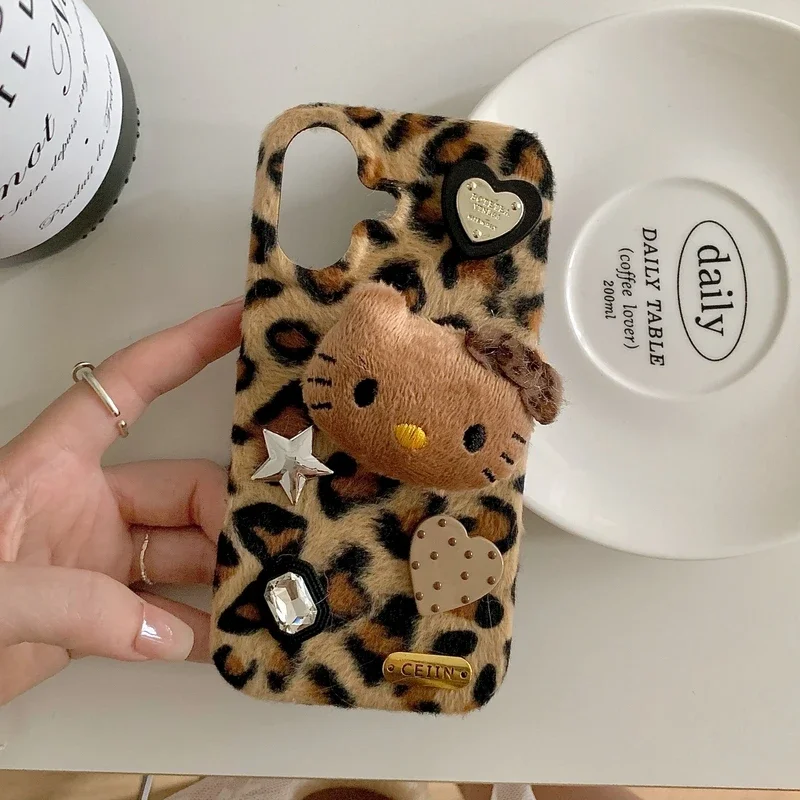 3D Cute Sanrio Y2K Hello Kitty Leopard Print Furry Plush Phone Case For iPhone 16 Pro 15 14 13 12 Pro Max Winter Warm Soft Cover