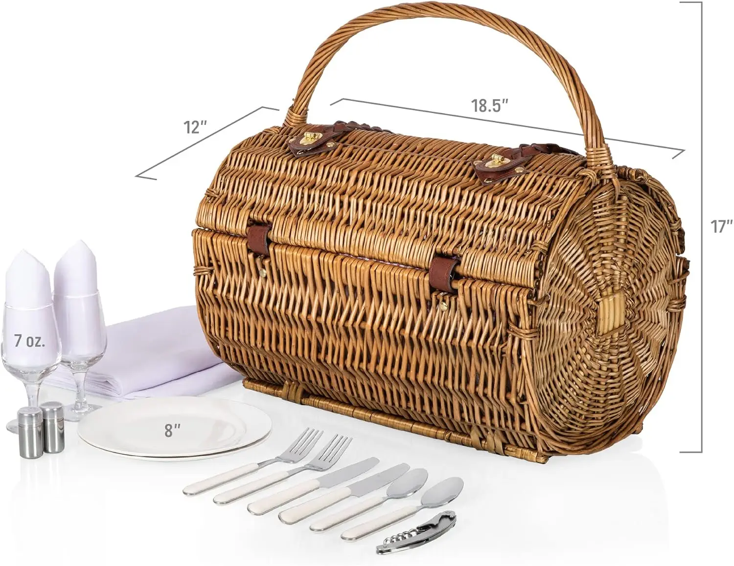 Romantic English Style Rounded Wicker Picnic Basket For Two, Hand Woven Barrel Shaped Wooden Picnic Suitcase With Complete Dining Service, Red And White Gingham Pattern view 5