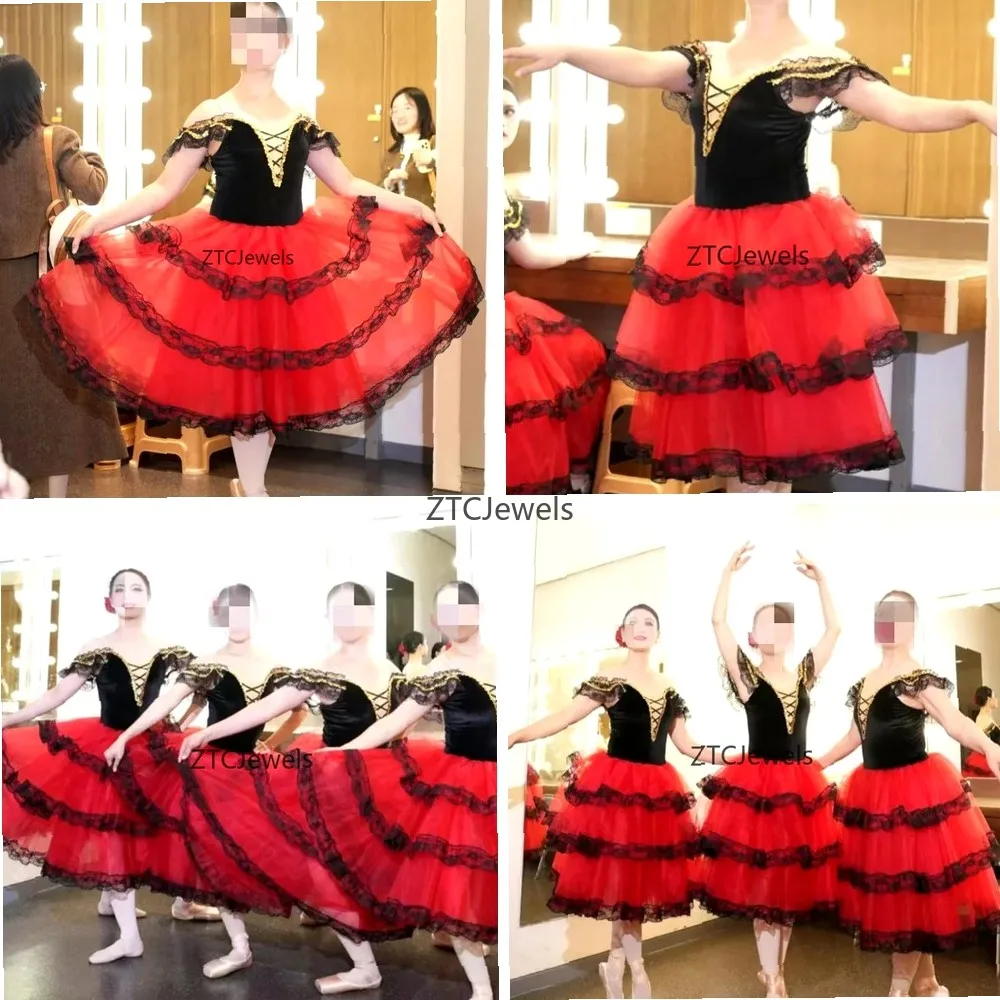 Tutú de Ballet Profesional, Falda Larga Negra y Roja, Disfraz de España para Cosplay, Actuaciones, para Mujeres, Niñas y Adultas