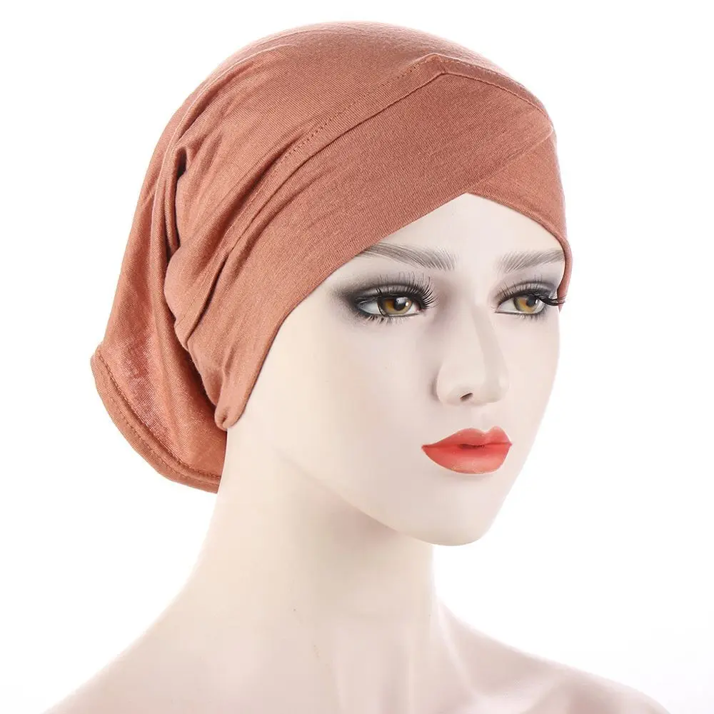 Topi syal kepala wanita, penutup kepala poliester Muslim Turban silang dahi dalam Hijab warna polos