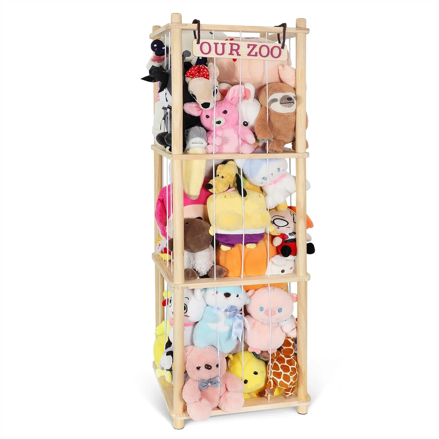 

Extra Large Stuffed Animal Storage for Corner, Wooden Plush Toy Organizer with Elastic Cord Holds Up to 200 Toys