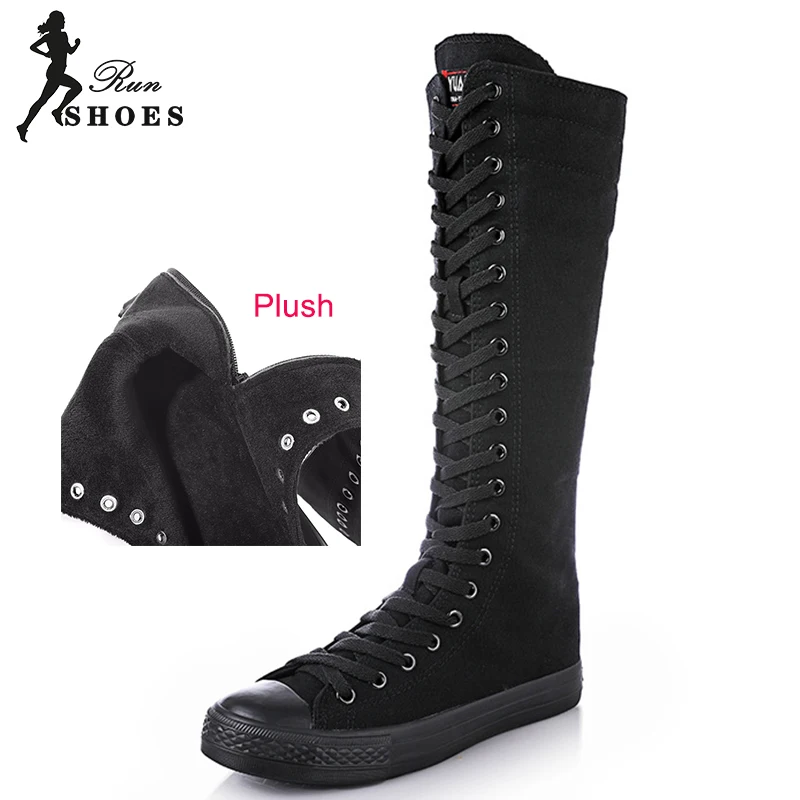 2023 Spring Autumn Women Shoes Canvas Casual High Top Long Boots Lace-Up Zipper Comfortable Flat Mid-Calf Boots Sport Large Size