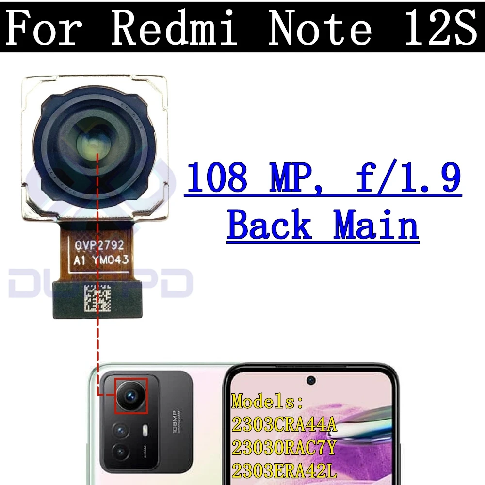 Note12S Rear Camera Flex Cable For Xiaomi Redmi Note 12S Front Selfie Small Facing Main Back Camera Glass Lens